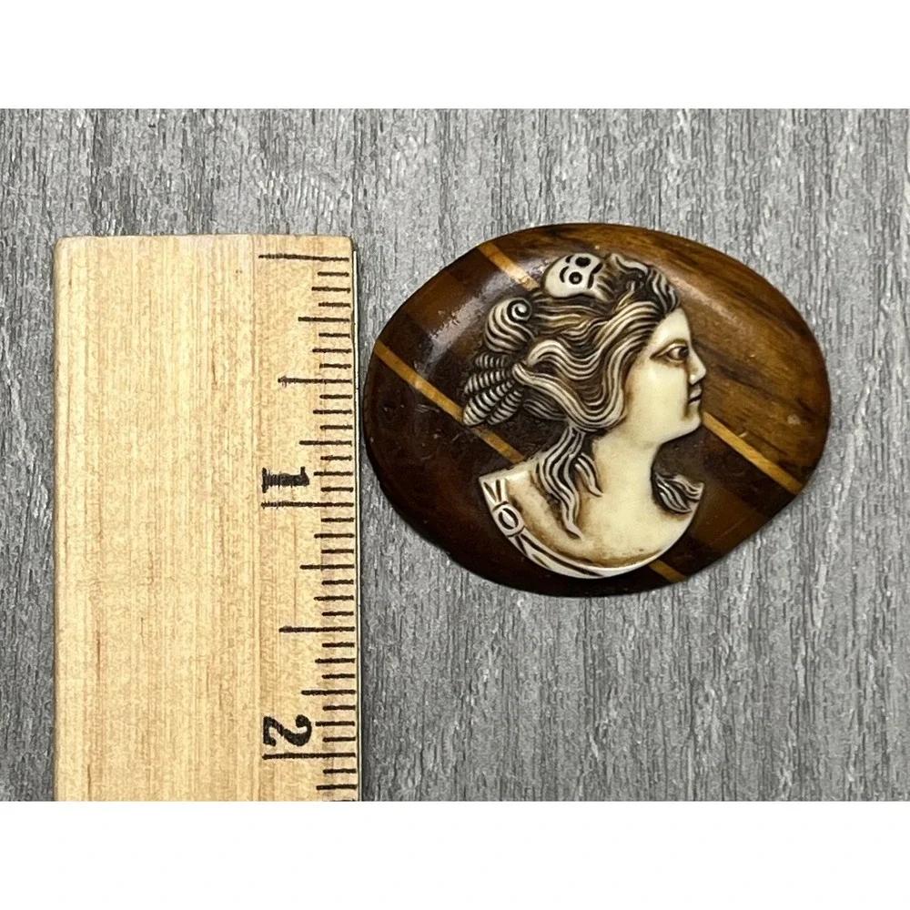 Vintage Hand Carved Resin Cameo Brooch Pin on Wood Inlay Backing Victorian Style